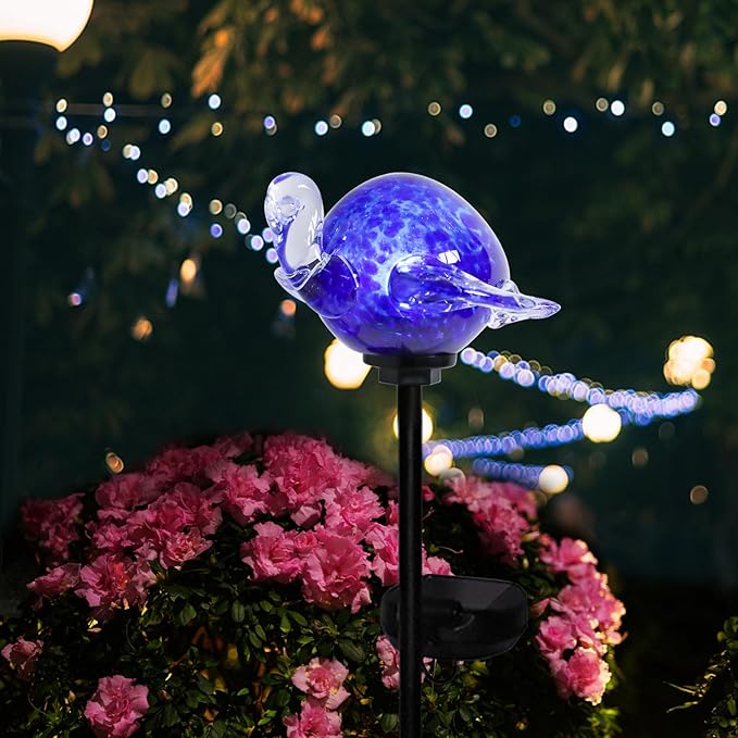 Afirst Decorative Solar Lights Outdoor Solar Turtle Stake Lights Hand Blown Glass Decorative Garden Pathway Light Outdoor Waterproof Glass Stakes Blue Afirst