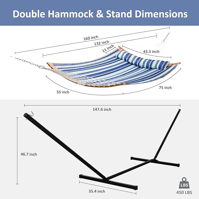 SUNCREAT Double Hammock with Stand Included, Portable Hammock with Stand and Large Pillow, Blue Stripes SUNCREAT