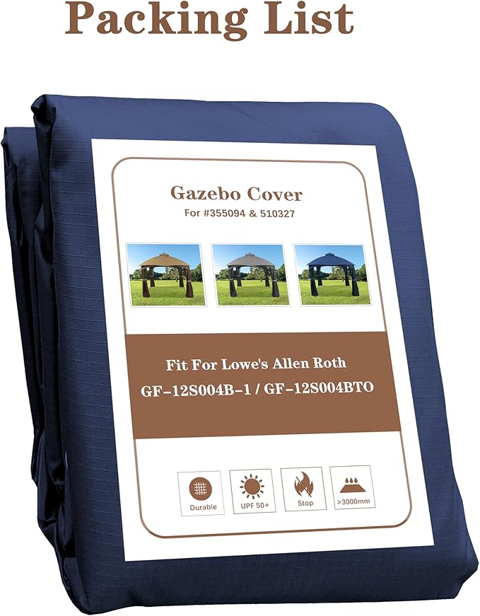 SCOCANOPY Ripstop Replacement Top for Lowe's Allen Roth 10X12 Gazebo Model #GF-12S004B-1/ GF-12S004BTO/TPGAZ17-002C，(Navy Blue) SCOCANOPY