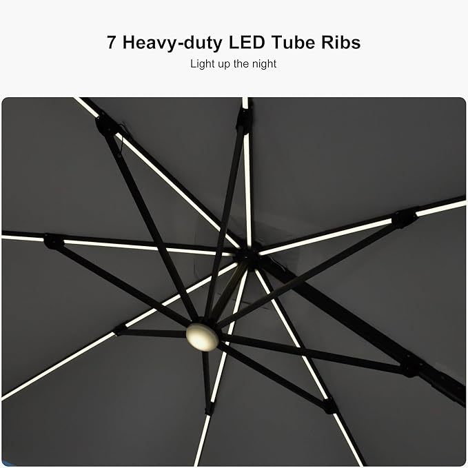 PURPLE LEAF 10 Feet Patio Umbrella Outdoor Cantilever Solar Powered LED Square Umbrella Aluminum Offset Umbrella with 360-degree Rotation for Garden Deck Pool Patio Light Grey PURPLELEAF