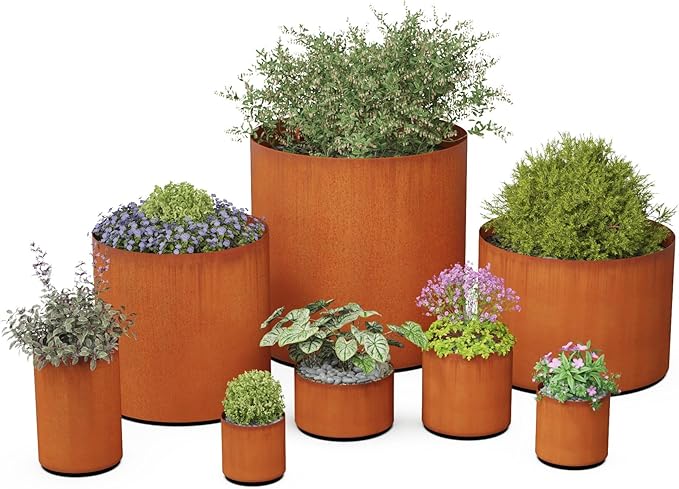 PLANTERCRAFT Corten Steel Metal Planter Box, Round Sizes, Modern Garden Steel planters for Commercial and Residential Outdoor Use. Plantercraft