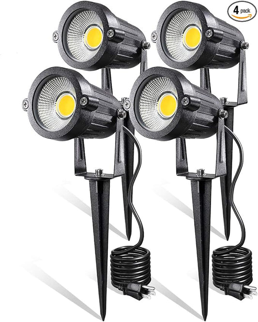 LED Landscape Lights,5W 120V AC Outdoor Pathway Garden Yard Spotlight,IP65 Waterproof Garden Flood Light,Outdoor Spotlight with Stake,UL Cord 5-ft with Plug (Pack of 4, Warm White) LEACOCO