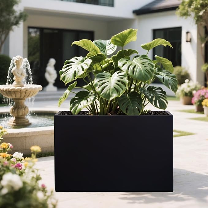 Metal Planter Box Rectangular Block - Modern Outdoor Galvanized Steel Long Box Planters All-Weather Use with Drainage Holes for Patio/Porch, 35.5×24×12IN Zezgeuro