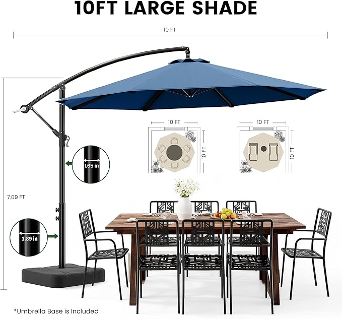 OLILAWN 10ft Patio Umbrella with Base Included, Outdoor Offset Cantilever Umbrella Upgraded Yarn-dyed Fabric Shade, Sturdy 8 Rids,360 Degree Rotation & Easy Tilt Adjustment, for Pool Deck Porch Backyard Garden,Sapphire OLILAWN
