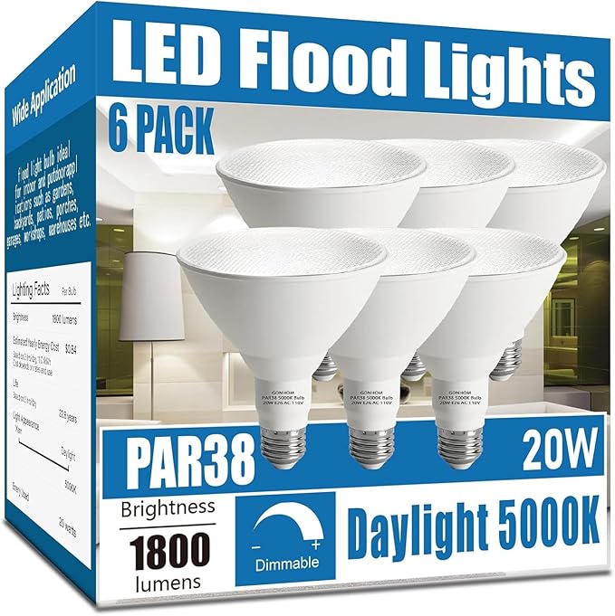 Par38 led Flood Lights Outdoor Light Bulb,Dimmable 1800LM,20W Replace up to 200W,Outdoor Flood Light Bulbs for Backyard,Garage,Porch,Garden,6 Pack 5000K Daylight Gonhom