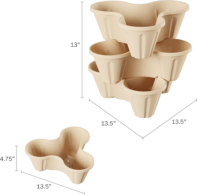 Set of 3 Stacking Planter Tower - 3-Tier Space Saving Flower Pots - Indoor/Outdoor Vertical Herb and Vegetable Planter by Pure Garden (Sand Stone) PureGarden