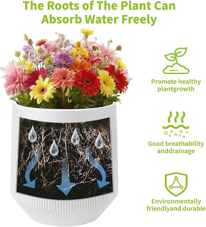 Plant Pots，Set of 2 Plastic Large Pots for Indoor Plants,Flower Pots Outdoor Planters with Drainage Hole and Seamless Saucer,(White 12Inches) Rootora