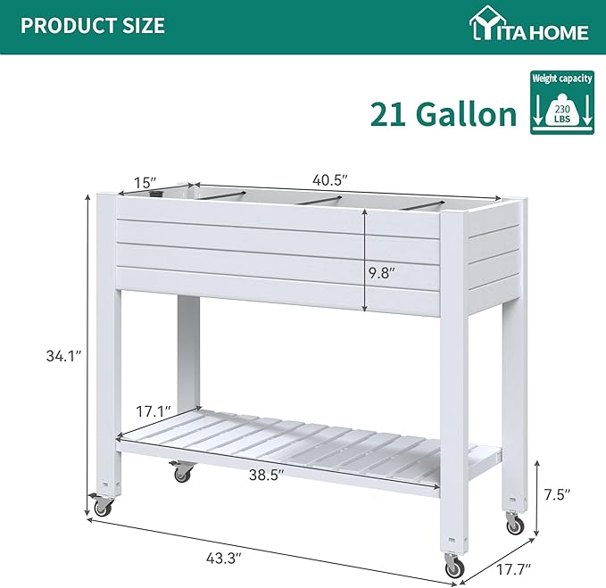 YITAHOME 3.6x1.5x2.8 FT Elevated Garden Bed Kit with Legs and Wheels, Outdoor Large Resin Planter Box Stand with Drain Plug and Storage Shelf for Plants Vegetables Fruits, Grayish-White YITAHOME