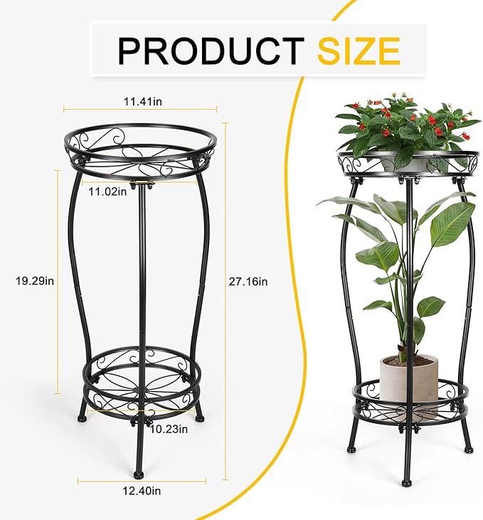 2 Tier Rustproof Iron Plant Stand - Heavy Duty Outdoor Plant Stands For Patio, Balcony Or Garden Or Planter Corner - Plant Stand Indoor (Black) Rootora