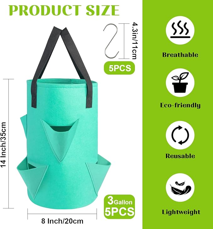 5 Pack Upside Down Strawberry Hanging Planter, 3 Gallon Tomato Hanging Grow Bags with 5 Hooks, Hanging Tomato Strawberry Grow Planters Vegetable Planting Bags with 6 Planting Holes for House Garden Rootora