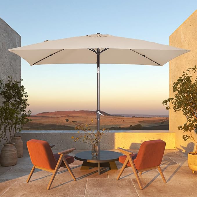 JEAREY 6.5x10 ft Rectangular Patio Umbrellas Rectangle Outdoor Umbrella with Push Button Tilt and Crank, Market Table Umbrella 6 Sturdy Ribs UV Protection for Poolside Garden Backyard Deck, Beige JEAREYOutdoorsCollection