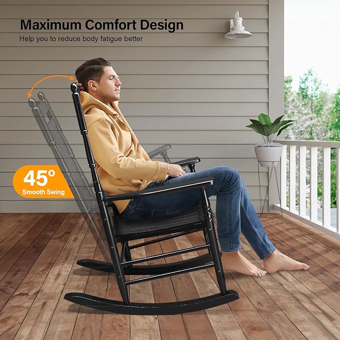 VINGLI Wooden Rocking Chair, Outdoor Chair with 450 lbs Support, Relaxing Rocker with Solid Wood High Back Seat Reclining Seat for Deck, Garden, Backyard, Porch, Indoor or Outdoor Use (Black, 1PC) VINGLI