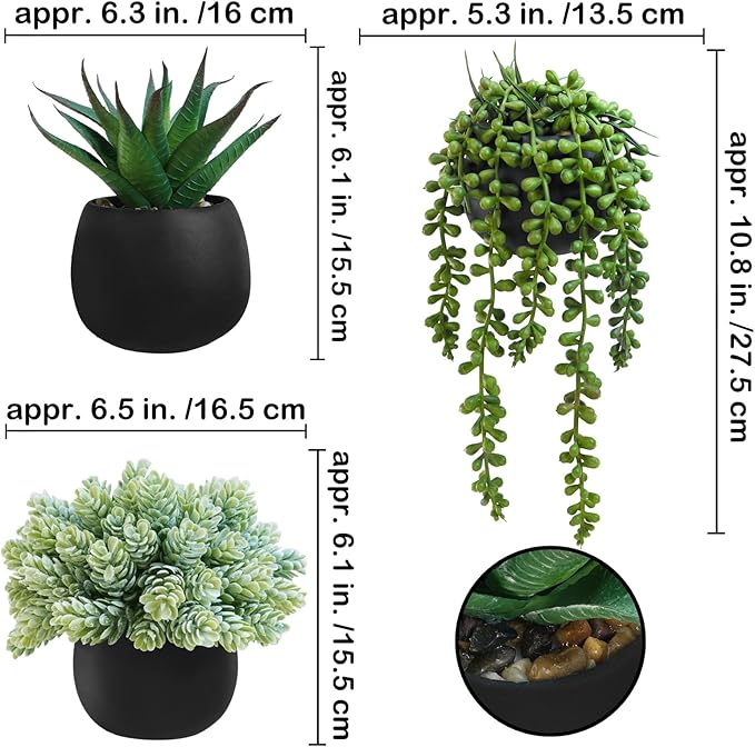 Winlyn Set of 3 Artificial Succulent Plants in Black Concrete Pots Faux Aloe Hops String of Pearls Potted Plants Small Fake Plants Desk Plants for Home Office Desk Kitchen Bathroom Shelf Windowsill Winlyn
