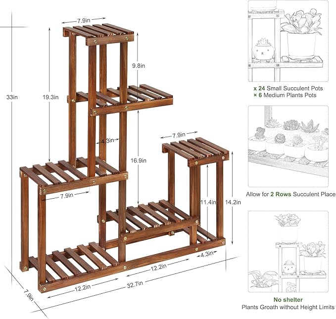 Wood Plant Stand Indoor Outdoor Multi Tiered Corner Plant Shelf Holder High Low Flower Rack Stand for Indoor Multiple Plants 9 Potted Organize Shelves in Living Room Garden Balcony Patio Yard COOGOU