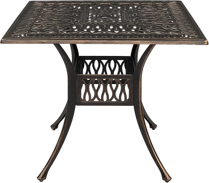 VINGLI Patio Dining Table with Umbrella Hole, Cast Aluminum Outdoor Bistro Furniture for Garden (35.4" Lx35.4 Wx29.5 H) VINGLI