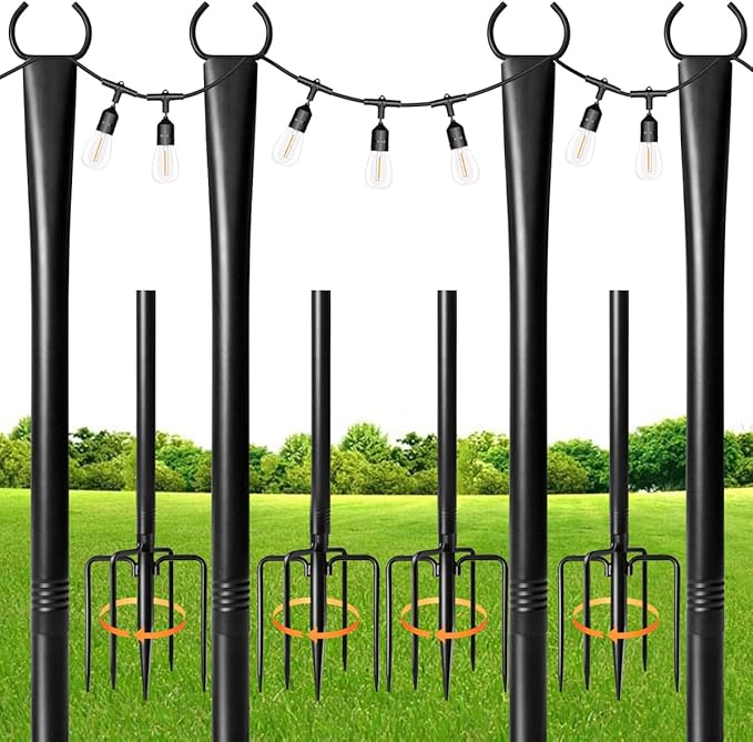 4 Pack String Light Poles for Outdoor,Metal Light Hanging Pole Outside with Fork,Light Stand for Patio, Pergola, Garden, Backyard, Yard, Camping Party (4 Pack) Rootora
