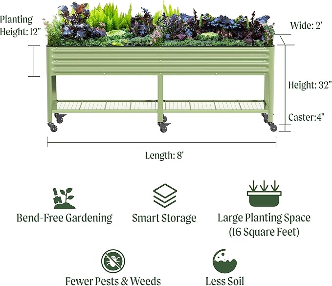 Rolling Elevated Raised Garden Bed-V Series, 2' x 8' Garden Beds with Legs & Storage Rack for Patio & Porch, 1400 Lbs Weight Capacity, Outdoor Planter Box for Vegetables Flower Herbs, Modern Gray VegoGarden