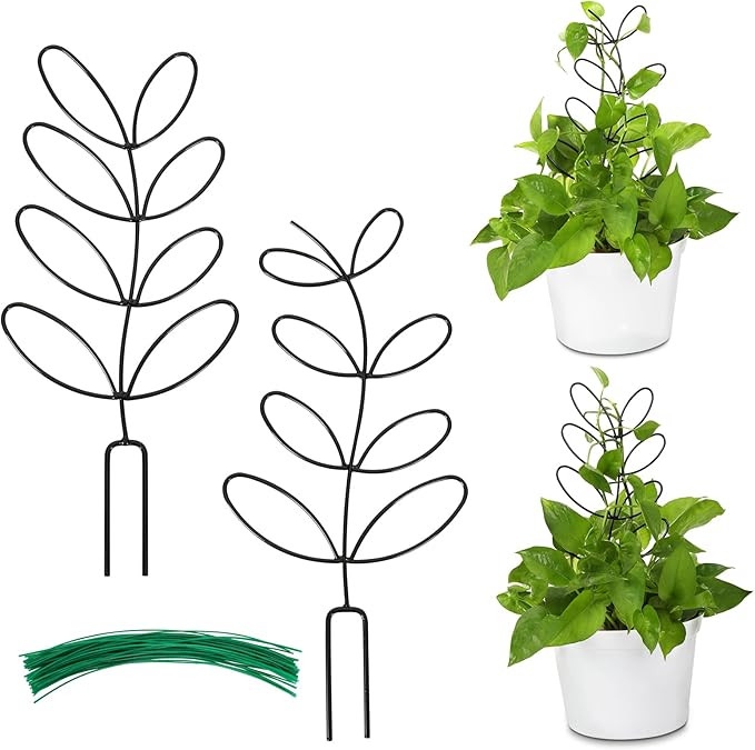 AUGSUN 2 Packs Indoor Plant Trellis Garden Trellis for Climbing Plants, 12 Inch Metal Leaf Shape Small Trelli for Potted Plants Plant Support for Houseplant with 50 Ties AUGSUN