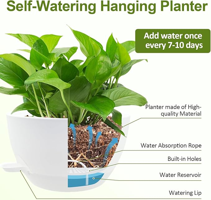 WOUSIWER Self Watering Hanging Planters, 2 Pack 12'' Plastic Pots with Drainage Holes & Reservoir Tray (White) | Indoor & Outdoor Use for Ferns, Ivy, Herbs, Succulents WOUSIWER