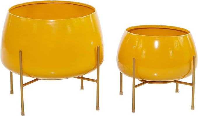Deco 79 Metal Indoor Outdoor Planter Small Planter Pot with Removable Stand, Set of 2 Planters 8", 10"H, Yellow Deco79