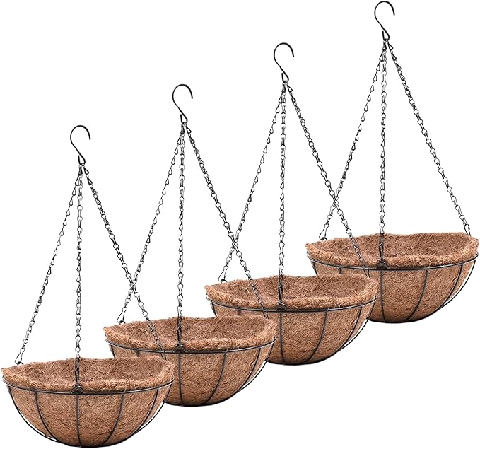 Metal Hanging Planters Basket Set of 4 Hanging Flower Pots 10 Inch Chain Round Wire Plant Holder with Coco Coir Liner Garden Watering Hanging Baskets for Patio Garden Outdoor1 EIMQUVW