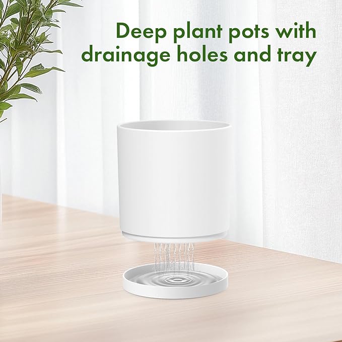 10/8/6 inch Deep Flower Pots, 3 Pack Cylinder Tall Plant Pots for Outdoor Indoor Plants, Large Decorative Plastic Planters with Drainage Holes and Saucers for Garden House Plants, White Meowell