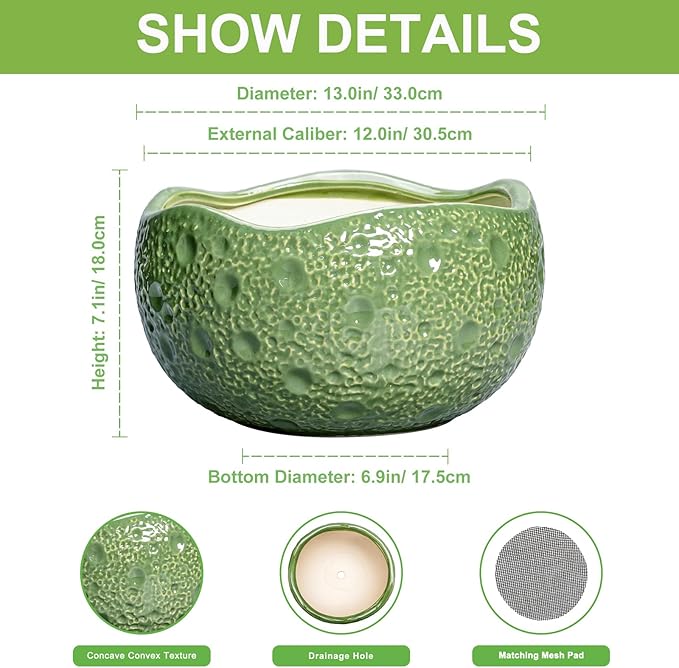 Ceramic Pots for Plants - 13 Inch Large Bonsai Pots Indoor Outdoor, Round Plant Pot with Drainage Hole, Decorative Flower Pot, Modern Unique Planters, Patio Decor, Plant Lover Gifts, Green Thirtypot