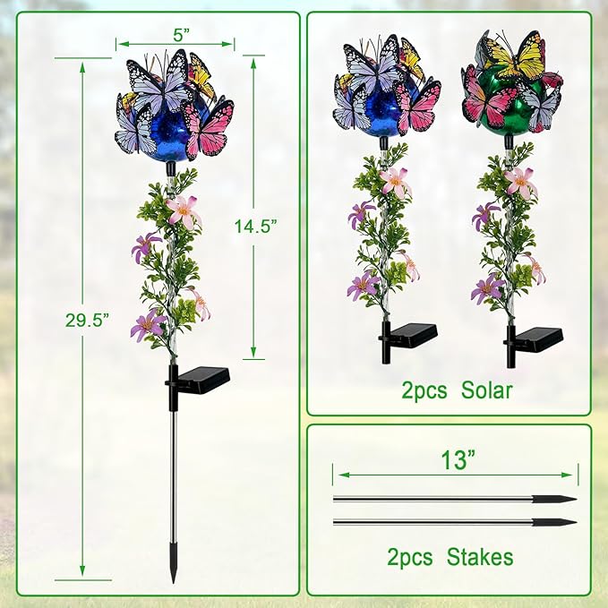 Solar Lights Outdoor Pathway,2 Pack Butterfly with Ball Garden Stakes,Colorful Twinkle Fairy Lights Decorations Outdoor for Yard,Lawn,Spring HokfirmHomeDecorGarden