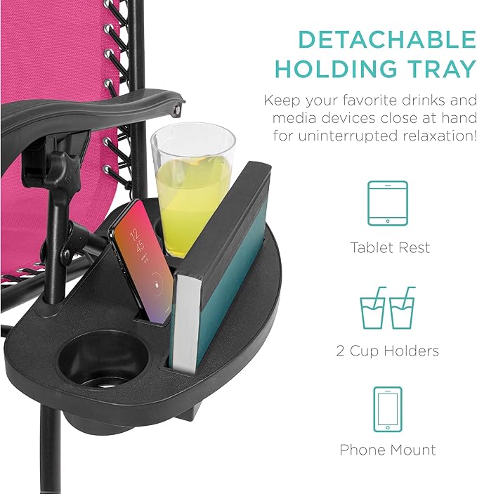 Best Choice Products Set of 2 Adjustable Steel Mesh Zero Gravity Lounge Chair Recliners w/Pillows and Cup Holder Trays - Hot Pink/Black BestChoiceProducts
