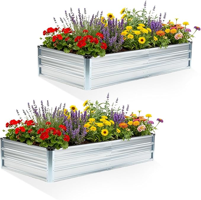 DUMOS Raised Garden Bed Outdoor, 2 Pcs 6x3x1ft Planter Box Outdoor for Deep-Rooted Herbs/Flowers/Vegetables, Large Metal Garden Bed for Patio, Balcony and Backyard, Silver DumosLifestyle