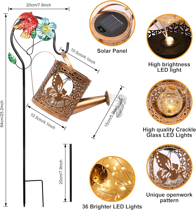 Solar Lights Outdoor Garden Decor Solar Watering Can with Crackle Glass Lights Waterproof Metal Hanging Fairy Lantern for Patio Lawn Yard Outside Decorations- Unique Gift Ideas for Gardening QOCNAM