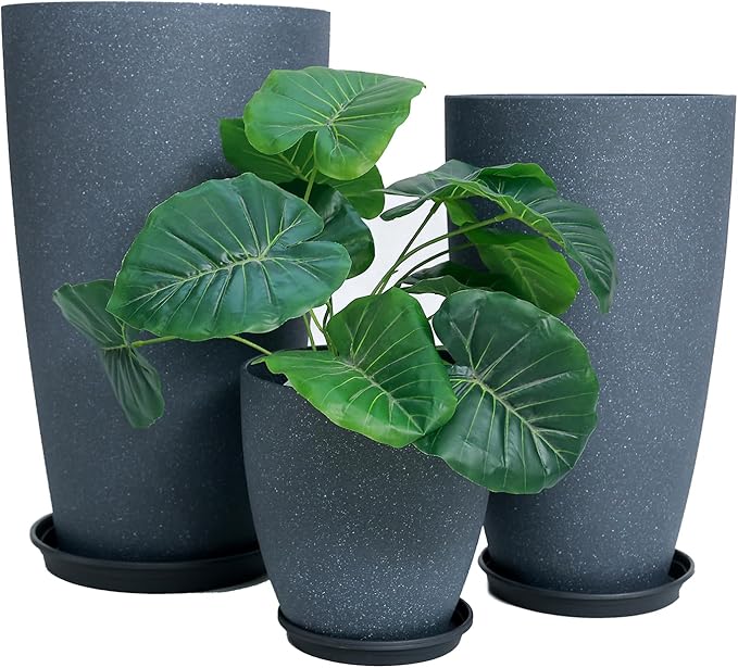 24/21/11 Inch Tall Planter Pots Garden Plastic Planters - Set of 3 for Indoor & Outdoor Use - Decorative Lightweight Flower Pots (Dark Grey) MinCHI257