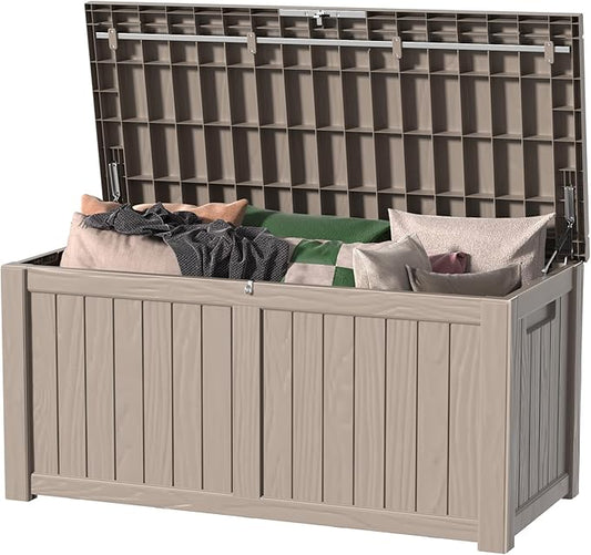 150 Gallon Outdoor Deck Box, Lockable Waterproof Outdoor Storage Boxes For Garden Tools,Indoor Cushions,Accessories Outside Storage Resin Weatherproof Container(Grey) MAIUSCOLI