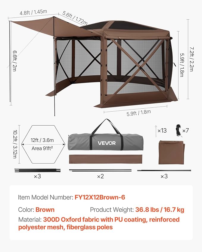 VEVOR Pop up Gazebo Screen Tent, 12 x 12 ft Large 6-Sided Camping Canopy Tent with Removable Top & Carry Bag, Quick-Set & Bite-Proof, Screen House Sun Shelter for 8-10 Persons Backyard Patio, Brown VEVOR