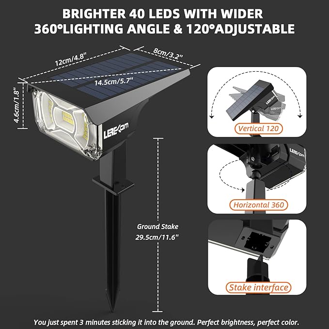 Solar Spot Lights,IP65 Waterproof 40 LED's Landscape Spotlights,3 Modes Outdoor Garden Lights, 360 Adjustable Lighting Angle, Solar Powered Wall Lights for Yard Porch 10 Pack LEREKAM