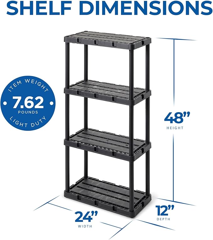 Gracious Living Light Duty Storage Shelves, Knect-A-Shelf 4-Shelf Ventilated Shelving Rack Organizer for Home, Garage, Basement & Laundry, Black GraciousLiving