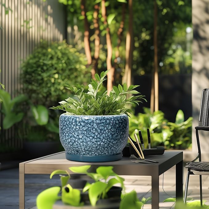 SQOWL Ceramic Planter - 10 Inch Plant Pot Indoor with Drainage Hole and Saucer, Decorative Flower Pots Outdoor, Ceramic Plant Pots, Large Round Planter, Home Patio Decor, House Warming Gifts, Blue SQOWL