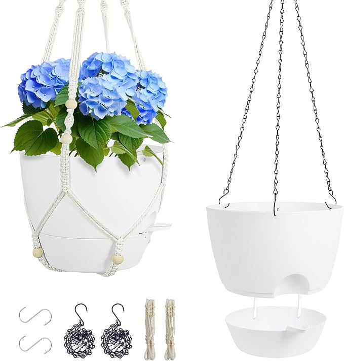 10 inch Self Watering Hanging Planters, 2 Pack Hanging Flower Pots for Indoor Outdoor Plants, Hanging Baskets with Drainage Holes & 2 Kinds of Plant Hangers for Garden Home Decor, White Meowell