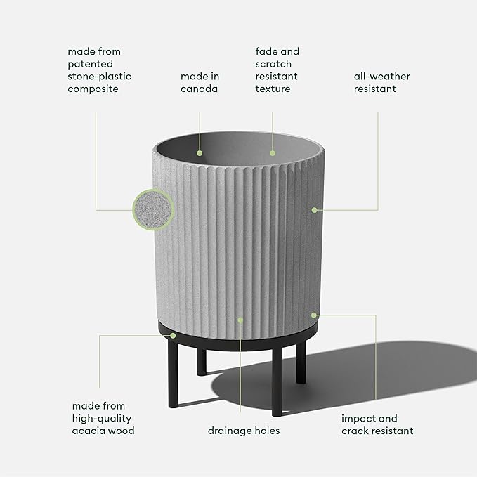 Veradek Demi Series Round Planter w/Stand for Porch/Patio | Durable Plastic-Stone Composite & Wooden Stand | Modern Décor for Tall Plants, Flowers VeradekOutdoor
