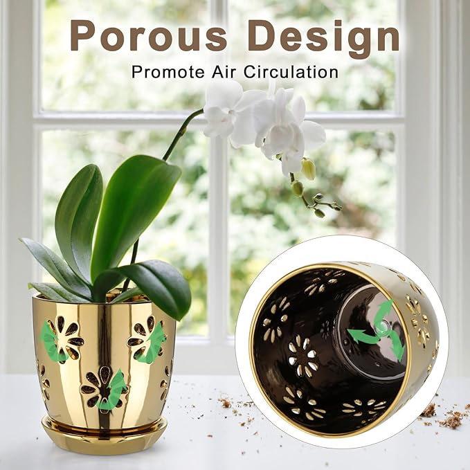 Oairse 6 inch Orchid Pots with Holes, Gold Ceramic Orchid Pot for Repotting Small Indoor Plant Pots with Drainage Holes and Saucers Decorative Flower Planter for Orchids, Indoor Plant Oairse