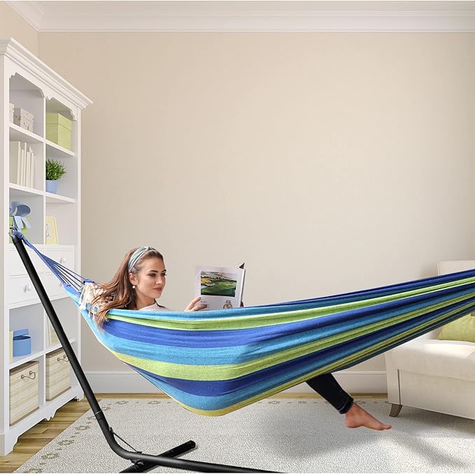 ANYOO Cotton Hammock Portable Camping Hammocks for Hanging Sturdy Garden Comfortable Fabric Hammock with Tree Straps Up to 660lbs with Travel Bag for Camping Outdoor/Indoor Patio Backyard Anyoo