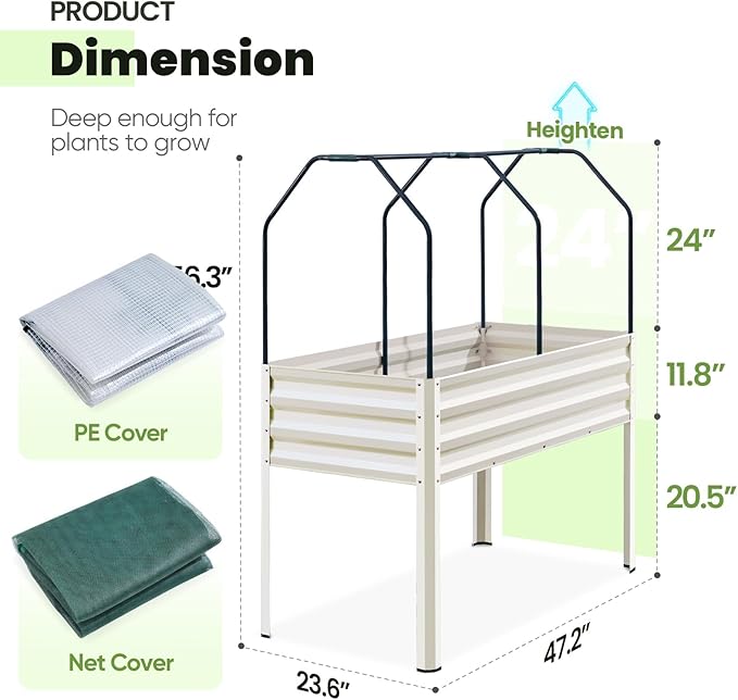 KING BIRD Raised Garden Bed with Cover & Netting Galvanized Elevated Large Planter Box with Legs for Backyard, Patio, Balcony, 400lb Capacity, Beige, 48×24×56 in KINGBIRD