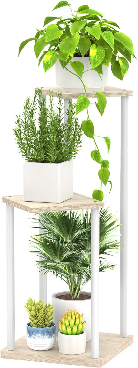 3 Tier Plant Stand Indoor Outdoor, Metal Wood Tiered Corner Plant Stands Pot Holder, Wood Flower Shelf Orchid Display Rack for Living Room Bedroom Balcony Garden Patio, Modern White Oppro