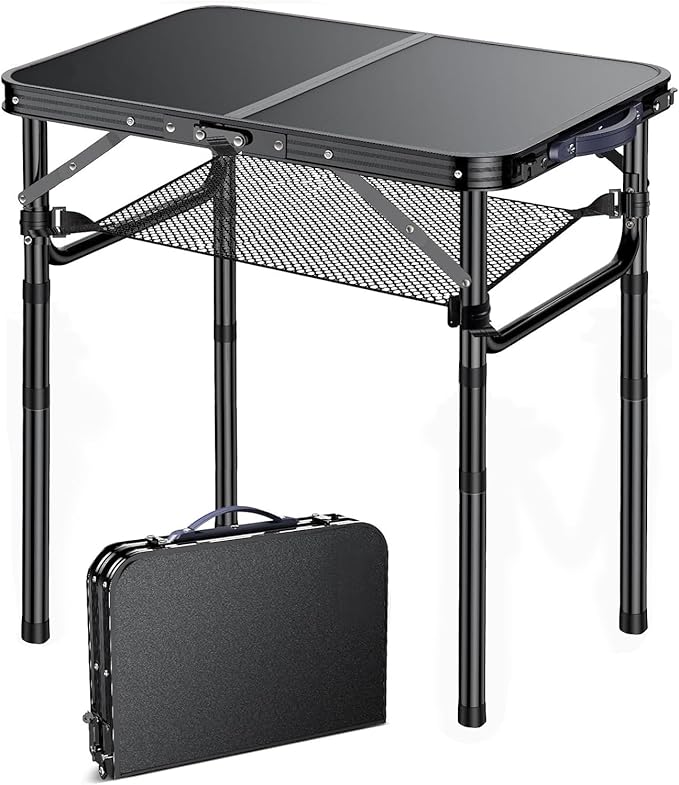 Outdoor Side Table, Portable 3 Adjustable Height Small Outdoor Folding Table, Aluminum Foldable Patio Side Tables for Outside Indoor, Plant Stand Coffee End Table for Pool, Porch,Garden(Black) Yriuat