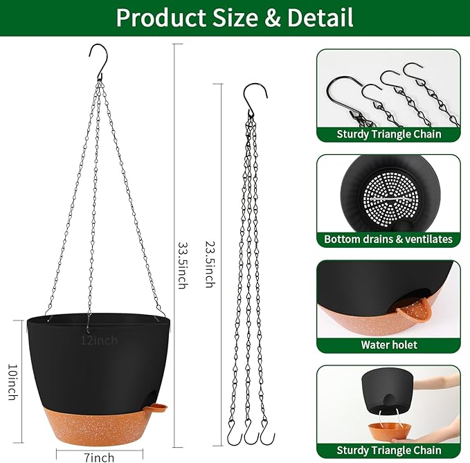 GARDIFE Large Hanging Planter, 12 inch Hanging planters for Indoor. Outdoor Plants, Self Watering Plant Pot, Plant Hanger, Black GARDIFE