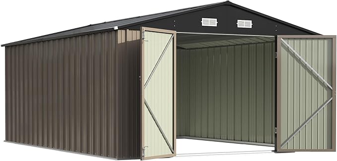 Patiowell 10x14 FT Outdoor Storage Shed, Large Metal Garden Shed with Lockable Door and Sloping Roof, Outside Steel Utility Tool Sheds for Backyard Lawn Garden Patio, Brown Patiowell