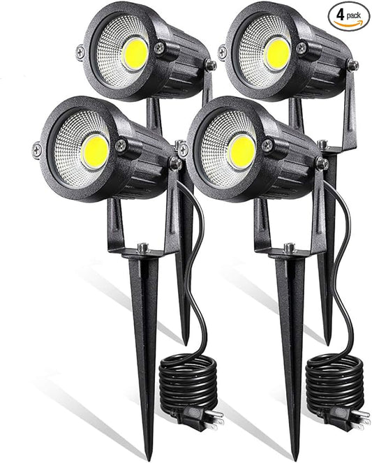 LED Landscape Lights,5W 120V AC Outdoor Pathway Garden Yard Spotlight,IP65 Waterproof Garden Flood Light,Outdoor Spotlight with Stake,UL Cord 5-ft with Plug (Pack of 4, Daylight White) LEACOCO
