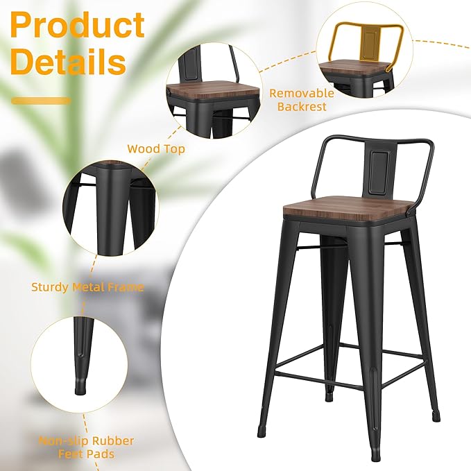 Yongchuang 24" Metal Barstools Set of 4 Counter Bar Stools with Wood Top Low Back Matte Black YongchuangInternational