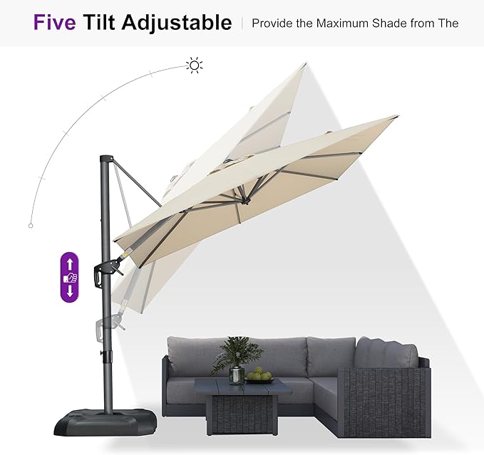 PURPLE LEAF 8 Feet Square Cantilever Umbrella Patio Umbrella with Base Outdoor Umbrella Aluminum with 360-degree Rotation for Garden Deck Pool Patio Beige PURPLELEAF