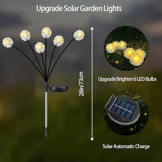 4PK 32LED Solar Garden Lights Outdoor, Dandelion Solar Lights Outdoor, IP65 Waterproof Firefly Light Outside Decor for Patio Pathway, Sway by Wind for Fairy Garden Dandelion Decorations, Warm White KAQ
